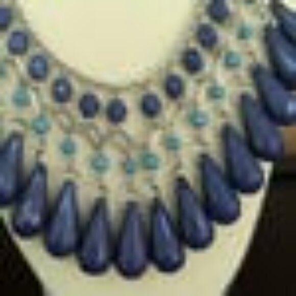 Blue Teardrop Beaded Necklace, Chunky Statement Necklace, Layered Navy Jewllrey - Picture 6 of 8